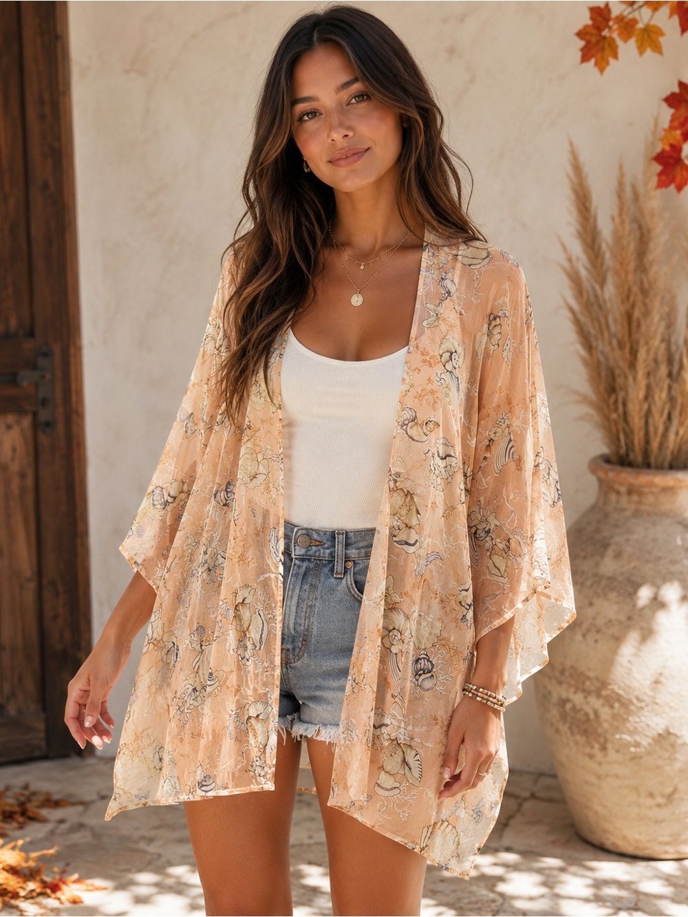 Umgee Peach Seashell Sheer Kimono Swim Cover-Up